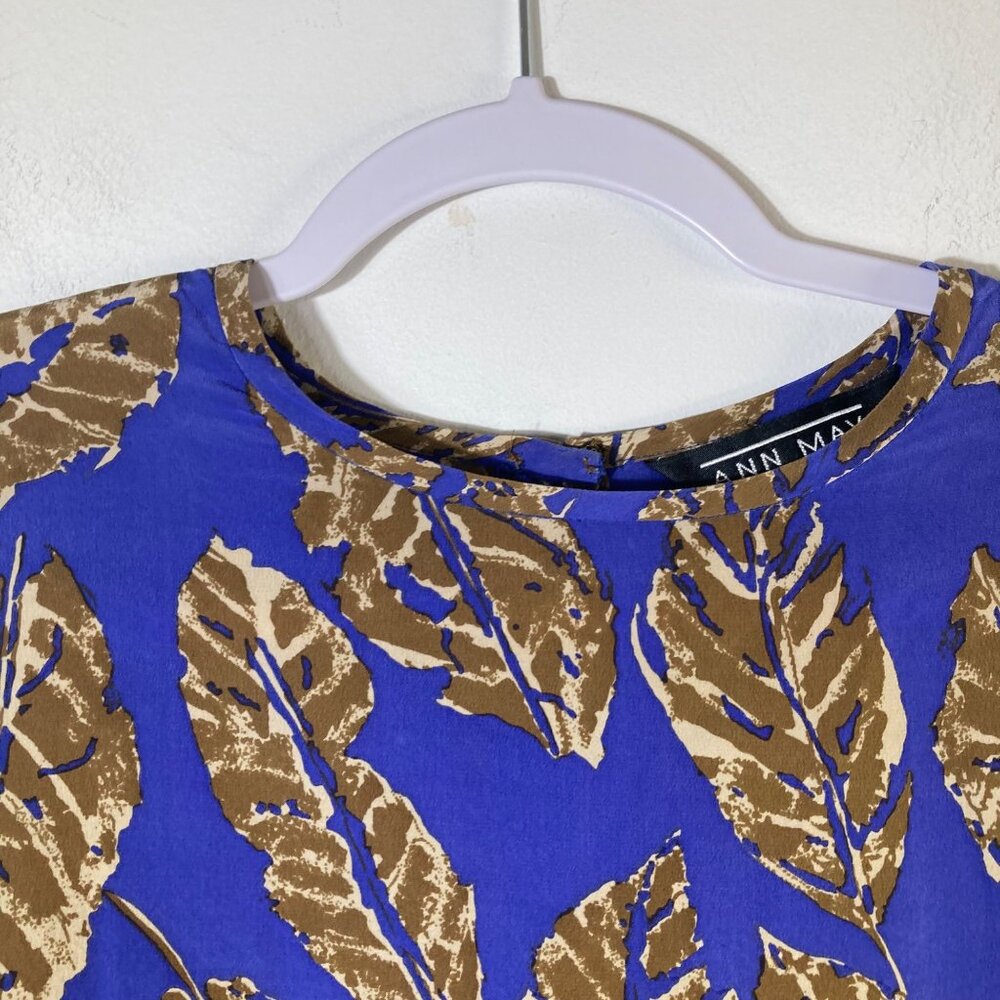 Womens Vintage Ann May Silk Blouse Leaf Pattern Blue Brown M‎ Silk - Picture 4 of 10